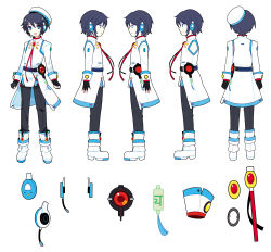 Rule 34 | 1boy, absurdres, androgynous, black hair, blue eyes, fingerless gloves, gloves, hat, headphones, headset, highres, ideolo, looking at viewer, male focus, multiple views, official art, open mouth, pants, short hair, simple background, turnaround, vocaloid, vocanese, white background, zhiyu moke