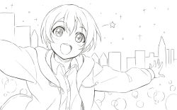 Rule 34 | 1girl, arms up, blush, bubble, drawstring, female focus, flat chest, greyscale, happy, hood, hoodie, hoshizora rin, jacket, lineart, long sleeves, looking at viewer, love live!, love live! school idol project, monochrome, open clothes, open jacket, open mouth, outdoors, outstretched arms, shibasaki shouji, shirt, short hair, sketch, smile, solo, spread arms, star (sky), star (symbol), teeth, upper body