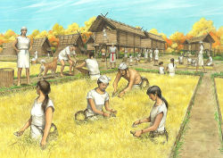 Rule 34 | 6+boys, 6+girls, animal, barefoot, belt, black hair, blue sky, breasts, brown hair, building, cabin, cloud, cloudy sky, day, dog, dress, field, full body, grass, hand on own hip, hat, holding, hut, long hair, looking at another, looking down, low ponytail, multiple boys, multiple girls, no shoes, outdoors, ponytail, rice, rice planting, topless male, short sleeves, sitting, sky, sleeveless, sleeveless dress, staff, standing, tree, village, walking, cane, white dress, white headwear, yayoi period