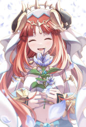 Rule 34 | 1girl, closed eyes, commentary request, flower, genshin impact, harem outfit, highres, holding, holding flower, horns, kurotaka oniku, long hair, midriff, navel, nilou (genshin impact), open mouth, red hair, smile, solo