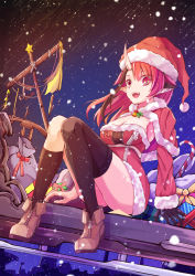 Rule 34 | 1girl, :d, animal ears, ankle boots, armpit peek, asymmetrical legwear, boots, breasts, candy, candy cane, capelet, christmas, cleavage, dress, dutch angle, dying0414, fang, food, fur trim, gift, hat, horns, kneehighs, knees together feet apart, long hair, looking at viewer, medium breasts, mismatched legwear, oni horns, open mouth, original, pointy ears, red dress, red eyes, red hair, sack, santa costume, santa hat, single horn, single kneehigh, single sock, single thighhigh, sitting, sled, smile, snow, socks, solo, thighhighs, zipper