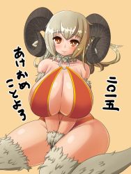 Rule 34 | 1girl, breasts, brown background, brown eyes, brown hair, cleavage, huge breasts, long hair, o-ring, o-ring top, original, sheep, simple background, solo, thighs, umigarasu (magipro)