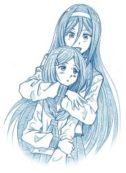 Rule 34 | 10s, 2girls, arms around neck, bbb (friskuser), blue theme, commentary request, eba kurako, hair between eyes, hair ornament, hairband, hairclip, hand on own arm, height difference, hug, hug from behind, hyouka, irisu fuyumi, kamiyama high school uniform (hyouka), long hair, long sleeves, looking at another, looking back, monochrome, multiple girls, neckerchief, open mouth, parted bangs, pleated skirt, school uniform, serafuku, short hair, simple background, sketch, skirt, smile, white background