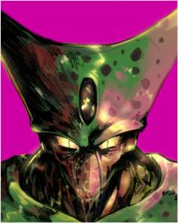 Rule 34 | 1boy, carapace, cell (dragon ball), colored skin, commentary, dragon ball, dragonball z, english commentary, green skin, horns, imperfect cell, jscandyhell, male focus, monster, multicolored skin, pink background, simple background, slit pupils, solo, two-tone skin