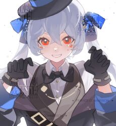 Rule 34 | 1girl, black bow, black bowtie, black gloves, black hat, black jacket, blue bow, blush, bow, bowtie, claw pose, collared shirt, commentary, commission, dress shirt, eyebrows hidden by hair, facial mark, gloves, grey hair, grey vest, grin, hair between eyes, hair bow, hands up, hat, highres, jacket, long sleeves, looking at viewer, off shoulder, open clothes, open jacket, original, puffy long sleeves, puffy sleeves, red eyes, shirt, simple background, smile, solo, stephanieh81080, tilted headwear, twintails, upper body, vest, watermark, white background, white shirt