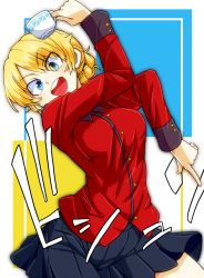Rule 34 | 1girl, :d, aono3, arm up, black skirt, blonde hair, blue eyes, braid, commentary, cup, darjeeling (girls und panzer), girls und panzer, head tilt, highres, holding, holding cup, jacket, jojo no kimyou na bouken, long sleeves, looking at viewer, military, military uniform, miniskirt, open mouth, pleated skirt, pointing, red jacket, short hair, skirt, smile, solo, st. gloriana&#039;s military uniform, standing, teacup, uniform