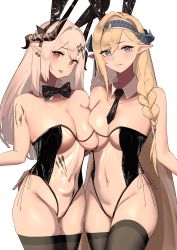 Rule 34 | 2girls, 360 (taiyo360), :3, absurdres, alternate costume, animal ears, arknights, arm around waist, asymmetrical docking, bare shoulders, black bow, black bowtie, black hairband, black necktie, black thighhighs, blonde hair, blue eyes, blue hairband, blush, bow, bowtie, braid, breast press, breasts, cleavage, closed mouth, collarbone, covered navel, cowboy shot, detached collar, dragon horns, fake animal ears, groin, hairband, highres, horns, large breasts, leotard, long hair, material growth, meme attire, mudrock (arknights), multiple girls, navel, necktie, oripathy lesion (arknights), playboy bunny, pointy ears, rabbit ears, red eyes, saileach (arknights), see-through, side-tie leotard, side braid, simple background, smile, strapless, strapless leotard, swept bangs, thighhighs, traditional bowtie, translucent bunnysuit, very long hair, white background