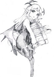 Rule 34 | 1girl, bat wings, book stack, carrying, greyscale, head wings, highres, koakuma, leg up, long hair, looking at viewer, matumasima, monochrome, open mouth, pointy ears, sketch, solo, thighhighs, touhou, wings