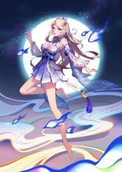 Rule 34 | 1044080555, 1girl, a-soul, absurdres, bare legs, bare shoulders, barefoot, blonde hair, blue eyes, breasts, chinese commentary, cleavage, crescent moon, detached sleeves, dress, eileen (a-soul), feet, forehead, full body, full moon, hair ornament, hairclip, halter dress, halterneck, hand up, highres, knee up, lips, long hair, long sleeves, looking at viewer, medium breasts, moon, night, night sky, open mouth, parted bangs, sky, solo, sparkle, tassel, thighs, v, virtual youtuber, wide sleeves