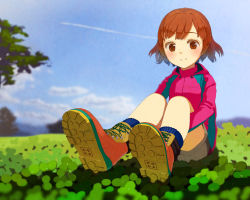 Rule 34 | 1girl, bad id, bad pixiv id, blurry, blush, boots, brown eyes, brown hair, clover, contrail, day, depth of field, light smile, original, short hair, shorts, sitting, sky, solo, tko (hhan)