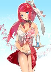 Rule 34 | 1girl, bad id, bad twitter id, bare shoulders, bikini, bikini under clothes, blazblue, blue eyes, bow, breasts, choker, cleavage, cowboy shot, cup, drink, drinking glass, gradient background, hair bow, hair ribbon, head tilt, holding, hyakuhachi (over3), large breasts, looking at viewer, navel, parted lips, ponytail, red hair, ribbon, sidelocks, smile, solo, standing, swimsuit, swimsuit under clothes, thigh gap, tray, tsubaki yayoi, twitter username, white bikini