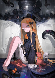 Rule 34 | 1girl, abigail williams (fate), absurdres, alchemaniac, barefoot, black bow, black dress, black footwear, black hat, blonde hair, bloomers, blue eyes, bow, bug, butterfly, character doll, commentary request, crossed bandaids, dress, fate/grand order, fate (series), glowing, hair bow, hat, head tilt, highres, insect, key, keyhole, keyring, lavinia whateley (fate), lock, long hair, long sleeves, looking at viewer, mary janes, orange bow, padlock, parted bangs, parted lips, plantar flexion, polka dot, polka dot bow, reflection, reflective floor, shoes, sitting, sleeves past fingers, sleeves past wrists, solo, stuffed animal, stuffed toy, suction cups, teddy bear, tentacles, toenails, underwear, unworn shoes, very long hair, white bloomers