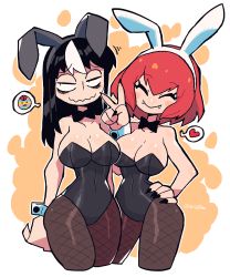 Rule 34 | 2girls, ^ ^, absurdres, alternate costume, animal ears, black hair, black nails, border, breasts, brown legwear, carla carmilla (rariatto), cleavage, closed eyes, closed mouth, detached sleeves, easter, easter egg, egg, fingernails, fishnet legwear, fishnets, hairband, hand on own hip, highres, large breasts, leotard, long fingernails, long hair, long sleeves, looking at viewer, mixed-language commentary, multicolored hair, multiple girls, nail polish, noss (rariatto), orange background, original, outside border, pantyhose, playboy bunny, puff of air, rabbit ears, rariatto (ganguri), red hair, sanpaku, sharp fingernails, short hair, simple background, smile, streaked hair, thighs, v, vampire, white border, wrist cuffs, yellow background