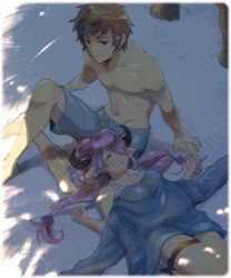 Rule 34 | 10s, 1boy, 1girl, arm support, blue male swimwear, blue swim trunks, draph, from above, gran (granblue fantasy), granblue fantasy, hair over one eye, hood, hoodie, horns, long hair, looking at another, low-tied long hair, lying, male swimwear, narmaya (granblue fantasy), on back, pointy ears, purple hair, sand, shade, sleeping, smile, swim trunks, swimsuit, takagi takumi, topless male, twintails