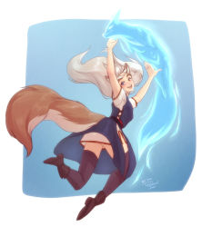 Rule 34 | 1girl, :d, animal ear fluff, animal ears, arms up, artist name, black footwear, black thighhighs, blue eyes, boots, commentary, english commentary, fox, fox ears, fox girl, fox tail, full body, heterochromia, highres, long hair, looking at viewer, losse (personal ami), open mouth, original, personal ami, short sleeves, smile, solo, spirit, tail, thick eyebrows, thighhighs, white hair, yellow eyes