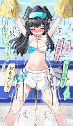 Rule 34 | 1girl, ^ ^, absurdres, arms up, black hair, blue archive, blue background, blush, breasts, cheerleader, closed eyes, crop top, day, embarrassed, eyewear on head, female focus, halo, hibiki (blue archive), hibiki (cheer squad) (blue archive), highres, holding, holding pom poms, ikasumi pasta, japanese text, legs, legs apart, long hair, midriff, miniskirt, navel, nose blush, open mouth, outdoors, outstretched arms, pee, peeing, peeing self, pleated skirt, pom pom (cheerleading), pom pom (clothes), pom poms, shirt, sidelocks, skirt, sleeveless, sleeveless shirt, small breasts, solo, speech bubble, standing, steam, stomach, straight-on, talking, tears, thighs, translated, trembling, white skirt