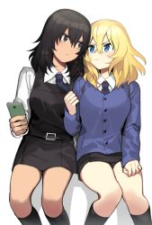 Rule 34 | 2girls, :t, andou (girls und panzer), bc freedom school uniform, black skirt, black socks, black vest, blonde hair, blue eyes, blue neckwear, blue sweater, cardigan, cellphone, closed mouth, commentary, diagonal stripes, dress, dress shirt, frown, girls und panzer, holding, holding phone, kneehighs, long sleeves, looking at another, medium hair, messy hair, miniskirt, multiple girls, necktie, necktie grab, neckwear grab, oshida (girls und panzer), phone, pinafore dress, pleated skirt, red neckwear, school uniform, shirt, side-by-side, simple background, sitting, skirt, sleeveless, sleeveless dress, smartphone, socks, striped neckwear, sweater, tan (inka), vest, white background, white shirt, wing collar