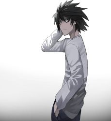 Rule 34 | 1boy, black eyes, black hair, black pants, closed mouth, death note, expressionless, highres, jourd4n, l (death note), long sleeves, looking to the side, male focus, messy hair, pale skin, pants, shirt, solo, standing, white shirt