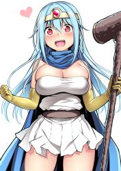 Rule 34 | 1girl, absurdres, aqua hair, blue scarf, blush, breasts, circlet, dragon quest, dragon quest iii, dress, elbow gloves, gloves, hair between eyes, heart, highres, holding, holding staff, kuromayu, large breasts, long hair, looking at viewer, open mouth, sage (dq3), scarf, simple background, solo, staff, strapless, strapless dress, white background, white dress, yellow gloves