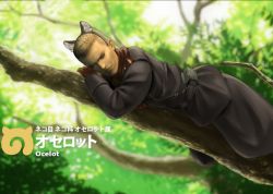 Rule 34 | 10s, 1boy, animal ears, blonde hair, character name, fake animal ears, highres, in tree, kemono friends, lying, male focus, metal gear (series), metal gear solid 3: snake eater, military, military uniform, name connection, ocelot (kemono friends), revolver ocelot, sitting, sitting in tree, solo, tamanosuke, tree, uniform