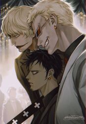 Rule 34 | 3boys, black hair, black shirt, blonde hair, blue eyes, blurry, blurry background, brown jacket, donquixote doflamingo, donquixote rocinante, earrings, formal, grin, highres, holding, holding sword, holding weapon, jacket, jewelry, makeup, male focus, multiple boys, one piece, portrait, shirt, short hair, smile, striped clothes, striped shirt, suit, sunglasses, sword, teeth, trafalgar law, twitter username, weapon, white suit, wosara, yellow eyes