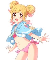 Rule 34 | 10s, 1girl, :d, aikatsu!, aikatsu! (series), aikatsu stars!, bikini, blonde hair, blue jacket, blush, brown eyes, commentary request, contrapposto, from side, gradient hair, highres, jacket, jacket on shoulders, looking at viewer, multicolored hair, navel, nijino yume, open mouth, outstretched arms, pink bikini, pink hair, pom pom (clothes), sekina, side-tie bikini bottom, simple background, sleeveless, sleeveless jacket, smile, solo, standing, swimsuit, white background
