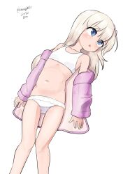Rule 34 | 1girl, absurdres, bikini, blonde hair, blue eyes, cosplay, dated, feet out of frame, highres, jacket, kantai collection, long hair, looking to the side, lying, maru (marg0613), one-hour drawing challenge, open clothes, open jacket, pink jacket, ro-500 (kancolle), ro-500 (kancolle) (cosplay), simple background, solo, swimsuit, twitter username, u-511 (kancolle), white background, white bikini
