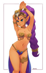 Rule 34 | 1girl, armlet, armor, armpits, arms up, belly dancing, bikini armor, blue eyes, bracelet, braid, braided ponytail, breasts, commission, contrapposto, dancer shantae, dark-skinned female, dark skin, earrings, forehead jewel, gold, headgear, high ponytail, highres, jewelry, long braid, long hair, looking at viewer, lots of jewelry, low-tied long hair, medium breasts, midriff, naughty face, navel, neck, neck ring, official alternate costume, parted lips, pointy ears, ponytail, purple hair, revealing clothes, seraziel, shantae, shantae (series), single braid, smile, solo, standing, stomach, strapless, thighlet, tiara, very long hair, white background