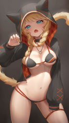 Rule 34 | 1girl, animal ear headwear, animal ears, aqua eyes, bikini, black background, black bikini, black choker, blonde hair, braid, breasts, cat ears, cat tail, choker, claw pose, commission, contrapposto, cowboy shot, facial mark, fake animal ears, fang, final fantasy, final fantasy xiv, gradient background, hair over shoulder, halterneck, hand on own thigh, hand up, heart, heart necklace, highres, hood, hoodie, jewelry, long hair, long sleeves, looking at viewer, medium breasts, metatarou, miqo&#039;te, mole, mole under eye, multi-strapped bikini, navel, necklace, open mouth, puffy long sleeves, puffy sleeves, red bikini, shrug (clothing), skeb commission, skindentation, sleeves past wrists, solo, stomach, string bikini, swimsuit, tail, tail raised, thigh strap, thighs, twin braids, two-tone bikini, virtual youtuber, warrior of light (ff14), whisker markings, yellow tail