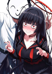 Rule 34 | 1boy, 1girl, antenna hair, black choker, black hair, black nails, black serafuku, black shirt, black skirt, blood halo, blue archive, blush, breasts, choker, cleavage, collared shirt, doodle sensei (blue archive), halo, highres, large breasts, long hair, looking at viewer, low wings, nail polish, neckerchief, red eyes, red halo, red neckerchief, school uniform, sensei (blue archive), serafuku, shirt, skirt, smile, tsurugi (blue archive), u-ta, v, white background, white shirt, wings