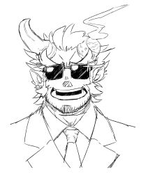 Rule 34 | 1boy, :d, bara, broken horn, cropped shoulders, demon boy, demon horns, facial hair, fiery horns, formal, greyscale, horns, long sideburns, looking at viewer, male focus, mature male, monochrome, necktie, open mouth, short hair, sideburns, sketch, smile, solo, sparkle, stubble, sunglasses, takemaru (housamo), thick eyebrows, tokyo houkago summoners, tusks, uden (udeden odon), upper body