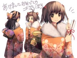 Rule 34 | 10s, 3girls, 8931ponzu, arrow (projectile), bow, brown hair, double bun, floral print, fur collar, furisode, hair bow, hair bun, hair ornament, hamaya, japanese clothes, jintsuu (kancolle), kantai collection, kimono, long hair, looking at viewer, multiple girls, naka (kancolle), new year, omikuji, open mouth, pointing, pointing up, ribbon, sendai (kancolle), short hair, simple background, smile, two side up, unmoving pattern, white background