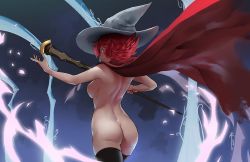 Rule 34 | 10s, 1girl, 2017, ass, back, breasts, cape, hat, less, little witch academia, looking at viewer, medium breasts, naked cape, nipples, nude, red cape, red eyes, red hair, shiny chariot, shiny rod (little witch academia), short hair, smile, solo, staff, thighhighs, twitter, witch, witch hat