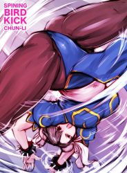 Rule 34 | 1girl, ass, attack, blue dress, boots, bracelet, breasts, brown eyes, brown hair, brown pantyhose, bun cover, capcom, china dress, chinese clothes, chun-li, double bun, dress, earrings, english text, flexible, from above, gold trim, hair bun, jewelry, legs apart, leotard, leotard under clothes, looking at viewer, medium breasts, motion lines, open mouth, pantyhose, pelvic curtain, puffy sleeves, sash, short sleeves, simple background, skindentation, solo, souryu, spiked bracelet, spikes, spinning bird kick, split, spread legs, street fighter, thick thighs, thighs, upside-down, wind