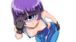 Rule 34 | 10s, 1girl, blue eyes, breasts, clothes writing, cowboy shot, cyclops, downblouse, gloves, tucking hair, highres, leaning forward, looking at viewer, manako, monster girl, monster musume no iru nichijou, naked overalls, okan, one-eyed, overalls, purple hair, simple background, solo, white background