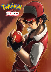 Rule 34 | 1boy, adjusting clothes, adjusting headwear, baseball cap, black hair, character name, commentary, copyright name, creatures (company), fingerless gloves, game freak, gloves, glowing, glowing eyes, hat, hat over one eye, holding, holding poke ball, male focus, nintendo, pixiv red, poke ball, poke ball (basic), pokemon, pokemon rgby, pokemon sm, red (pokemon), red (pokemon sm), red eyes, serious, shirt, short hair, solo, t-shirt, theofilus ray, watermark, web address