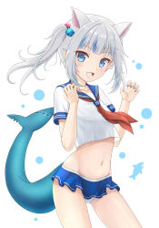 Rule 34 | 1girl, :d, animal ears, bikini, bikini skirt, blue eyes, cat ears, crop top, crop top overhang, extra ears, fins, fish tail, flipper, gawr gura, hands up, highres, hololive, hololive english, long hair, looking at viewer, midriff, multicolored hair, nail polish, navel, neckerchief, open mouth, sailor collar, sailor shirt, shark tail, sharp teeth, shirt, short sleeves, sidelocks, silver hair, simple background, smile, solo, stomach, streaked hair, swimsuit, tail, teeth, thighs, twintails, virtual youtuber, white background, white shirt