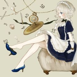 Rule 34 | 1girl, apron, bad id, bad pixiv id, blue dress, blue eyes, blue skirt, braid, chair, cup, dress, drinking glass, female focus, fork, glass, gloves, high heels, izayoi sakuya, knife, lips, maid, maid apron, maid headdress, open mouth, plate, pocket watch, shoe dangle, shoes, short hair, short sleeves, silver hair, sitting, skirt, solo, touhou, twin braids, watch, wine glass, yujup