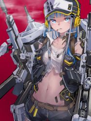 Rule 34 | 1girl, aamond, absurdres, baseball cap, belt, black shorts, blue eyes, blue hair, breasts, choker, cigarette, commentary request, cowboy shot, crop top, cutoffs, hat, headphones, highres, long hair, looking at viewer, machinery, mecha, medium breasts, midriff, mouth hold, multicolored hair, navel, original, red background, robot, shirt, short shorts, shorts, silver hair, sleeveless, sleeveless jacket, sleeveless shirt, smoke, smoking, solo, stomach, two-tone hair, white shirt
