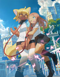 Rule 34 | 2girls, :d, animal ears, arm hug, black shorts, black skirt, black socks, blonde hair, blouse, blue sky, blush stickers, brown hair, building, cloud, collar, day, dog ears, dog girl, dog tail, fang, female focus, furry, furry female, furry with non-furry, height difference, interspecies, knees together feet apart, leaning on person, leash, multiple girls, nouzui, one eye closed, open mouth, orange eyes, original, shirt, shoes, short shorts, shorts, sign, skirt, sky, smile, socks, standing, standing on one leg, sweatdrop, symbol-shaped pupils, tail, thighhighs, tiptoes, white thighhighs, yuri