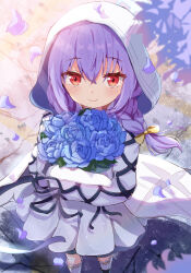 Rule 34 | 1girl, absurdres, atsuko (blue archive), blue archive, blue flower, blue halo, blush, bouquet, braid, closed mouth, dress, falling petals, flower, frilled socks, frills, hair between eyes, halo, highres, holding, holding bouquet, hood, hood up, hooded jacket, jacket, long hair, mikumiku37, petals, purple hair, red eyes, smile, socks, solo, twin braids, violet (flower), white dress, white jacket, white socks