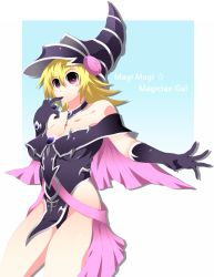 Rule 34 | 1girl, bad id, bad pixiv id, bare shoulders, black gloves, blonde hair, blush stickers, breasts, choker, duel monster, elbow gloves, finger to mouth, gloves, hat, highres, kumo-g, large breasts, leotard, long hair, magi magi magician gal, purple eyes, solo, yu-gi-oh!, yuu-gi-ou, yu-gi-oh! duel monsters, yuu-gi-ou zexal