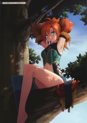 Rule 34 | 1girl, absurdres, adjusting hair, armpits, artist request, barefoot, dappled sunlight, detached sleeves, earrings, falcom, green eyes, highres, in tree, jewelry, karna (ys), karna (ys iv), looking at viewer, mouth hold, necklace, non-web source, official art, orange hair, ponytail, scan, single thighhigh, sitting, sitting in tree, sunlight, thighhighs, tree, ys, ys memories of celceta