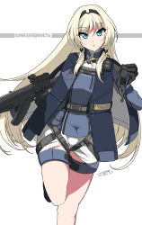 Rule 34 | 1girl, an-94, an-94 (girls&#039; frontline), assault rifle, blonde hair, blue eyes, blush, commentary request, girls&#039; frontline, gloves, gun, hairband, highres, holding, long hair, long sleeves, looking at viewer, rifle, sayossa (pak-front), sidelocks, solo, weapon