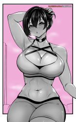 Rule 34 | 1girl, abs, arm behind head, arm up, black hair, blush, breasts, choker, cleavage, ear piercing, greyscale, greyscale with colored background, hair between eyes, hand in own hair, highres, large breasts, looking at viewer, mole, mole under eye, monochrome, navel, original, patreon username, piercing, pink background, puckered lips, sakino yumeko, shiny clothes, shiny skin, short hair, shorts, sitting, sports bra, sportswear, steam, steaming body, stomach, sweat, tomboy, toned