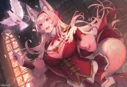 Rule 34 | 1girl, animal ear fluff, animal ears, bird, breasts, commentary, dove, english commentary, floating hair, flying, fox ears, fox girl, fox tail, highres, holding, holding wand, huge breasts, jacket, long hair, maiulive (vtuber), open hand, open mouth, pink eyes, pink hair, red jacket, red skirt, roll out road, second-party source, skirt, smile, solo, tail, thighhighs, v-artisserie, virtual youtuber, wand