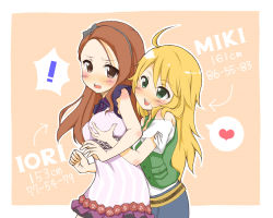 Rule 34 | !, 10s, 2girls, ahoge, aoi2410, belt, blonde hair, blush, grabbing another&#039;s breast, breasts, brown eyes, brown hair, dress, grabbing, green eyes, groping, hairband, heart, hoshii miki, hug, hug from behind, idolmaster, idolmaster (classic), idolmaster 2, long hair, looking back, measurements, minase iori, multiple girls, open mouth, smile, spoken heart, stats