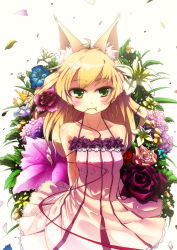 Rule 34 | 1girl, animal ears, arms behind back, blonde hair, fang, flower, fox ears, glycyrrhizae, green eyes, highres, hydrangea, lily (flower), long hair, mouth hold, original, purple rose, red rose, rose, solo, white rose