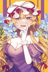 Rule 34 | 1girl, ;o, bow, dress, flower, forget-me-not (flower), frills, hair bow, hand on own face, hat, hat ribbon, highres, looking at viewer, mob cap, one eye closed, open mouth, purple dress, red bow, red ribbon, ribbon, smile, solo, toraneko 2, touhou, white hat, yakumo yukari, yellow background