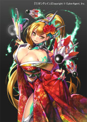 Rule 34 | 1girl, blonde hair, blush, breasts, cleavage, flower, hair flower, hair ornament, headgear, japanese clothes, kimono, large breasts, long hair, million chain, nail polish, open mouth, original, ponytail, popqn, smile, solo, tattoo, very long hair, wide sleeves, yellow eyes